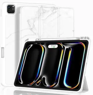 ZryXal iPad Pro 11 Inch Case M4 (5th Gen) with Pencil Holder, Smart Case for iPad Pro 11 Inch 2024, Supports Pencil Pro, Touch ID, Auto Wake/Sleep, Marble White