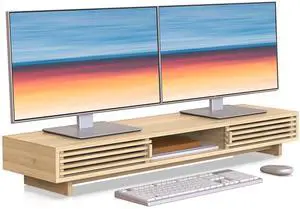WELL WENG Dual Monitor Stand Riser with Sliding Door, Double Computer Laptop Stand Desk Shelf Organizer with Storage (Natural Bamboo, 38 Inch)