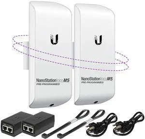 Wireless Bridge LOCOM5 PRE-Programmed Bundle of 2 Ubiquiti Nanostation LOCO M5, Point to Point Outdoor WiFi Bridge, Plugh and Play, 5GHz, 150+Mbps, 15+km Link Range Network Wireless Bridge.