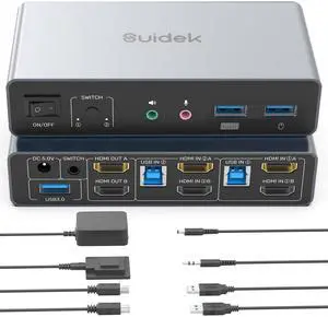 SUIDEK HDMI KVM Switch 2 Monitors 2 Computers, Dual Monitor KVM USB Switcher 4K@60Hz, HDMI Extended/Mirror Display for 2 PC Share 2 Monitors, with 3 USB 3.0 Port, Desktop Controller and 2 USB Cables