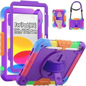 SEYMAC Case for iPad (A16) 11th/10th Generation 2025/2022 (11/10.9), Heavy Duty Full-Body Shockproof Protective Case with Screen Protector, Rotating Stand, Hand/Shoulder Strap, Colorful/Purple