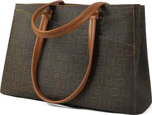 Queenoris Tote Bag for Women, 15.6 inch Laptop Large Capacity Top Handle Handbag Work Bags Computer Bag Office Briefcase (Dark Coffee Brown)