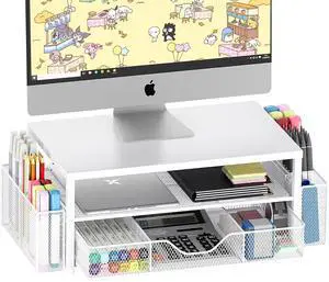 OPNICE Desk Organizers and Accessories, 2-Tier Computer Monitor Stand Riser with Drawer and 2 Pen Holders, Office Desk Accessories for Office Supplies, White