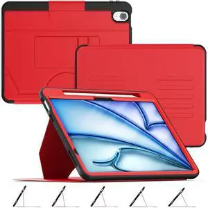 HXCASEAC Cover for iPad Air 11 inch M3 M2 Case with Pencil Holder, Multi-Angle Magnetic Stand, Strong Magnets Support Stick to Fridge (A3266 / A3267 / A2902 / A2903) Air 11 Protective Case - Red