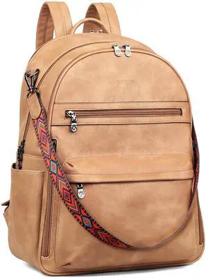 FADEON 15.6 inch Laptop Backpack Purse for Women Designer PU Leather Computer Backpacks Fashion for Work Travel Camel Brown