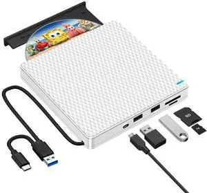 Guamar External CD DVD Drive: Portable USB-C Burner for Laptop PC with SD/TF Slot/2 USB Ports - Plug & Play for Mac Windows 11/10 (White)