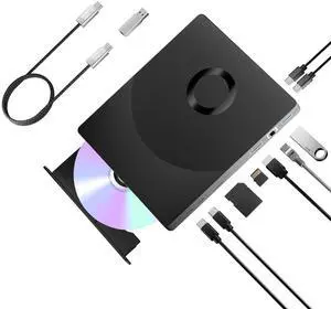 8 in 1 External Blueray/DVD Drive for PC, External CD/DVD Drive for Laptop Support 100G Disc 3D, CD Burner with HDMI/LAN/USB 3.0/Type-C/SD/TF Port, Blu-ray Player for Windows XP/7/8/10/11 MacOS
