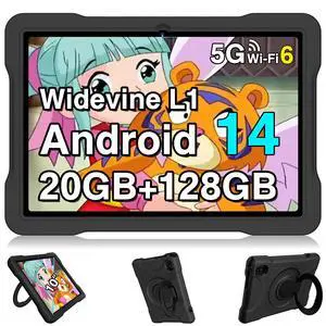 UJJ Tablet 10 Inch Android 14 Tablet, 20GB+128GB/1TB Expandable, Android Tablets with WiFi 6, Octa-Core, GPS, Parental Control, BT5.0, Drop-Proof Case - Black