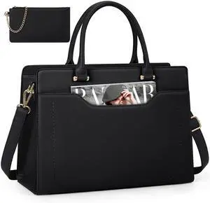 RAINSMORE Laptop Bag for Women 15.6 Inch Laptop Tote Bag Waterproof Leather Work Bags Professional Computer Briefcase Large Capacity Handbag for Business Teacher Office, Black