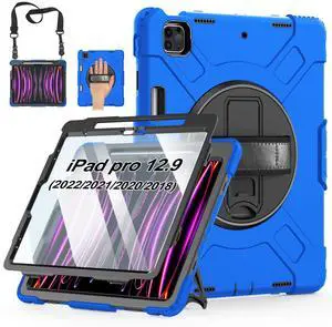 Case for iPad Pro 12.9 2022/2021/ 2020/2018: Cover for iPad Pro 12.9 6th/ 5th/ 4th/ 3rd Generation with Screen Protector- Stand- Pencil Holder- Handle- Shoulder Strap Blue