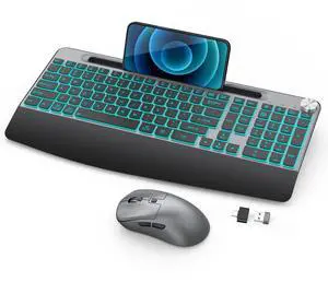 Wireless Keyboard and Mouse Backlits - Full-Sized Ergonomic Lighted Keyboard with Wrist Rest, Phone Holder,2.4GHz Rechargeable Silent Keyboard Mouse Combo for Computer, Laptop, PC, Mac -Grey