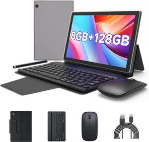 Android Tablet 10 inch Tablets, 2 in1 Tablet with Keyboard Case Mouse Stylus, 8GB RAM 128GB ROM 1TB Expand, 2.0Ghz Quad-Core Processor, 5G Wi-Fi 6, Bluetooth 5.0, 6000mAh Battery, Dual Camera, GMS