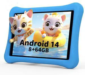 AWOW Kids Tablet for Kids 3-7: 10 inch Android 14 8GB RAM 64GB ROM Toddler Tablet for Kids 8-12 with Bluetooth WiFi Parental Control, Dual Camera, GMS, Shockproof Case (Blue, 8G+64G)