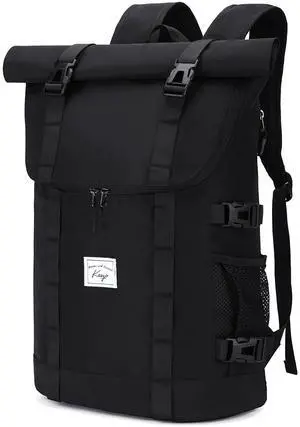 Kasqo Rolltop Backpack, Water-Resistant Backpack with Laptop Compartment for 17 Inch Computer Men Women 26L-33L Expandable Anti-Theft Daypack for Travel Work Business Black