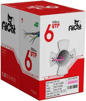 AiCat Cat6 Ethernet Cable 500ft - 23 AWG, CMR, ETL, Insulated Solid Bare Copper Wire Cat 6 Cable with Noise Reducing Cross Separator - 550MHZ / 10 Gigabit Speed, PoE++, Unshielded UTP LAN Cable (Pink)