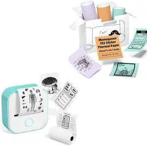 Memoqueen T02 Pocket Thermal Photo Printer with Mint Green/Lavender Purple/Light Orange, Adhesive Thermal Paper,53mmx 6.5m/rol, Black Text, Keep for 20 Years, Compatible with iOS & Android