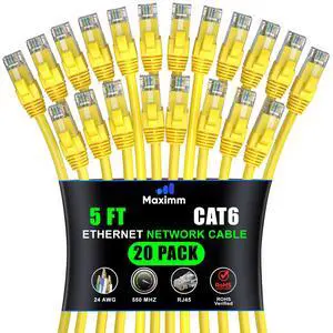 Maximm Cat 6 Ethernet Cable 5 ft (20-Pack) - High-Speed LAN Cable, Internet Cable, Patch Cable, and Network Cable - UTP, 10Gbps, 550MHz Ethernet Cord - Yellow