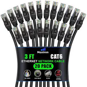 Maximm Cat 6 Ethernet Cable 3 ft (20-Pack) - High-Speed LAN Cable, Internet Cable, Patch Cable, and Network Cable - UTP, 10Gbps, 550MHz Ethernet Cord - Black