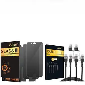 Ailun Screen Protector Compatible with iPhone 8 Plus 7 Plus Privacy Anti Glare 3Pack Anti Spy Private Tempered Glass [Black] and USB C to Lightning Cable 2Pack and USB C Female to USB A Male Adapter w