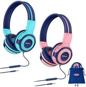 SIMOLIO 2 Pack Headphones for Kids with Mic, 75dB/85dB/94dB Safe Volume Limit, Wired School Headphones for Girls Boys Children Tablet Laptop Travel with Audio Share Function (Mint,Pink)