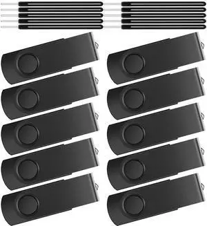 Kepmem Flash Drive 32GB USB 2.0 Thumb Drive 10 Pack 32 GB Memory Stick Portable Black Pendrive Metal Zip Drive Swivel Jump Drive with 10pcs Lanyards for School, Company, Office