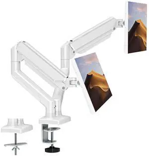 ErgoFocus Dual Monitor Mount Fits 13 to 32 Inch Computer Screen, Dual Monitor Arm Hold up to 19.8lbs Each, Full Motion Monitor Desk Mounts for 2 Monitors, Gas Spring Monitor Stand, VESA Mount, White