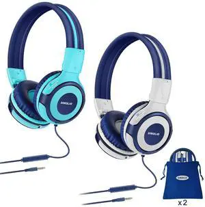 SIMOLIO 2 Pack Wired Headphones for Kids School with 75dB/85dB/94dB Volume Limited & Mic, Foldable Children Headphones with Share Port for Boys/Girls/Travel/Plane/Tablet/iPad/Kindle (Mint,Grey)