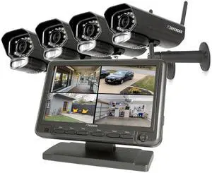 Defender PHOENIXM2 Non WiFi Plug-in Power Security Cameras- for Home & Business Surveillance Indoor & Outdoor Bullet Cameras with 7 Inch LCD Display Monitor, Free 32 GB SD Card Included (4 Cameras)