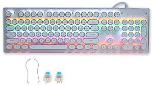 Acogedor Mechanical Gaming Keyboard, Retro Steampunk Typewriter Keyboard, 104 Keys USB Wired Mixed Light Backlit with Round Keycaps(White)