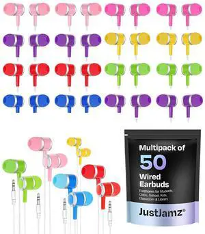 JustJamz Bulk Earbuds  50 Pack of Colorful Wired Ear Buds for Classroom, Schools, and Students  Disposable Headphones with 3.5mm Jack, Economy for Kids, Earbuds in Bulk for Schools