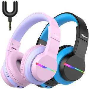 iClever BTH12 Kids Bluetooth Headphones 2 Pack,Colorful LED Lights,74/85dBA Safe Volume,85H Playtime,Bluetooth 5.2,Over Ear Kids Headphones Built-in Mic for iPad/Tablet/Airplane, Pink & Black