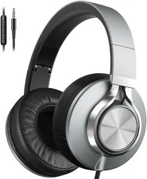 AILIHEN Wired Headphones with Microphone Volume Control, Noise Reduction Over Ear Headphones Wired 3.5mm, Super Soft Corded Headphone for Cellphones, Tablet and Chromebook (Grey)