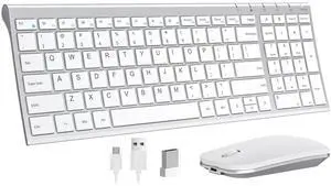seenda Rechargeable Wireless Keyboard Mouse, Ultra Thin Low Profile Wireless Keyboard and Mouse with Number Pad, Quiet Portable Combo Compatible for Windows XP/7/8/10/11/11 Pro, Silver White