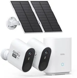 AOSU 3K/5MP Solar Security Cameras Wireless Outdoor, Ultra-Wide-Angle, Cam-to-Cam Track & Sync, Home Security System with Color Night Vision, Spotlight Smart Alarm, No Subscription, 2.4G & 5G WiFi