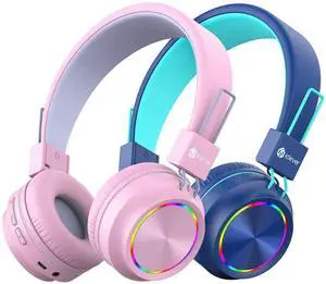iClever BTH03 Kids Bluetooth Headphones, Colorful LED Lights,35H Playtime, Bluetooth 5.4, Type C Fast Charging, Stereo Sound Mic,On Ear Kids Wireless Headphones for iPad Airplane (Blue&Pink, 2 Pack)