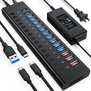 Powered USB Hub, VANGREE 17-Port 90W USB 3.0 Hub (10 USB 3.0 Ports+3 QC24W Fast Charging Ports+2 USB-C 3.0 Ports+SD/TF Card Reader), Individual On/Off Switches, 12V/7.5A Power Adapter for Laptop, PC