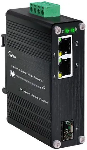 Mini Industrial 1.25G SFP Fiber to Ethernet Media Converter Supports DIN-Rail Installation, 1x 100/1000Base-X SFP Slots to 2X 10/100/1000Base-T RJ45 Gigabit 2 Port Fiber Switch, 12~48V DC Power Input