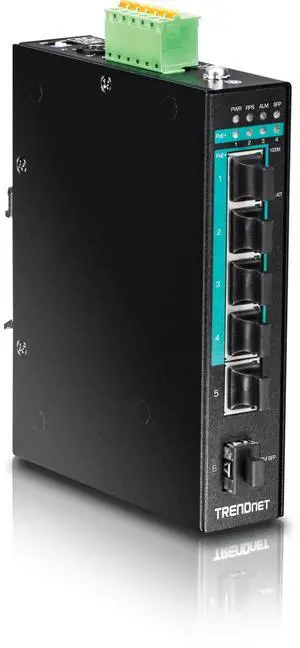 TRENDnet 6-Port Hardened Industrial Gigabit Poe+ Layer 2 Managed DIN-Rail Switch, 4 x Gigabit PoE+ 802.3at Ports, 1 x Gigabit Port, 1 x Gigabit SFP Slot, 120W Power Budget, Black, TI-PG541i