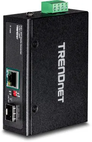 TRENDnet Industrial SFP to Gigabit PoE+ Media Converter, IP30 Rated Housing, Operating Temperature Range -40deg- 75 degC to (-40deg - 167 degF), TI-PF11SFP, Black