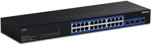 TRENDnet 28-Port Gigabit Switch with 4 x 10G SFP+ Ports, TEG-30262, 24 x Gigabit Ports, 4 x 10G SFP+ Ports, 128Gbps, 1U Rack Mountable, NDAA TAA Compliant, Lifetime Protection, Black
