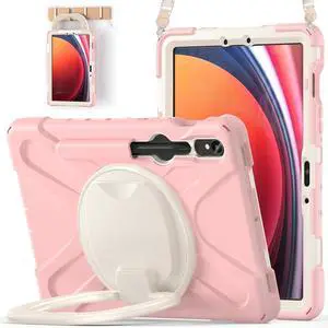 BATYUE Case for Samsung Galaxy Tab S9 FE 10.9" inch 2023, for Galaxy Tab S9 11" inch 2023, for Galaxy Tab S8/S7 Case with S Pen Holder/Rotating Stand/Shoulder Strap, Cheery Pink