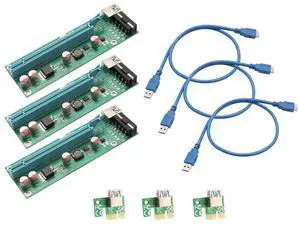 I/O Crest SI-PEX60017 Pack of 3 PCI-E x1 to Powered PCIe x16 GPU Riser Adapter Card USB 3.0 Extension Cable, Solid Capacitors