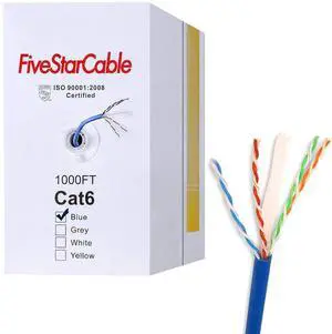 FiveStarCable Cat6 1000ft Twisted Pair 23AWG Solid UTP Network Ethernet Router Cable, 550Mhz, PVC RJ45 Wire Bulk Pull Box, Blue