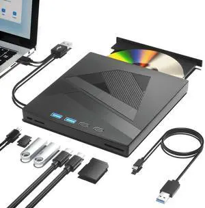 Taopjwr External DVD Drive, 7-in-1 External CD/DVD Drive for Laptop, USB DVD Burner with SD/TF Port, USB 3.0&Type-C CD ROM External Drive for Laptop Desktop PC Windows XP/7/8/10 Linux MacOS