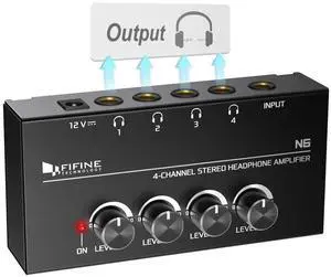 Fifine Headphone Amplifier 4 Channels Metal Stereo Audio Amplifier,Mini Earphone Splitter with Power Adapter-4x Quarter Inch Balanced TRS Headphones Output and TRS Audio Input for Sound Mixer-N6