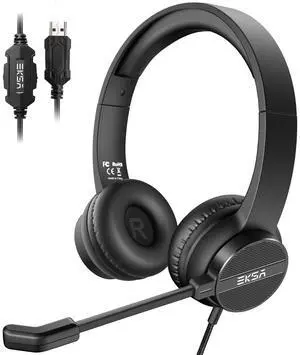 USB Headset with Microphone for PC Laptop, Wired Computer Headset Environmental Noise Canceling Headphones with Mic Mute & Volume Control, On Ear Lightweight Comfort for Work, Office/Call Center/Skype