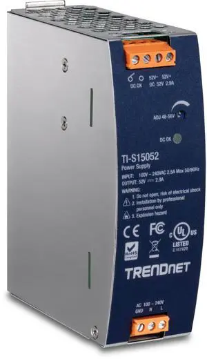 TRENDnet 150W, 52V DC, 2.89A AC to DC DIN-Rail Power Supply, TI-S15052, Industrial Power Supply with Built-in Power Factor Controller Function, Silver
