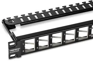 TRENDnet 24-Port Blank Angled Keystone Shielded 1U Patch Panel, TC-KP24SA, STP, Cat6A, Cat5, Cat5e, Cat6, 19 Rackmount Design, Black