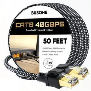 BUSOHE Cat 8 Ethernet Cable 50 FT, High Speed 40Gbps 2000Mhz Braided Network Internet Cable with Gold Plated RJ45 Connector, Heavy Duty LAN Cable S/FTP UV Resistant for Router/Gaming/PC, 30 Clips