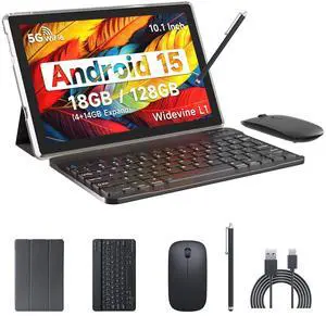 Android 15 Tablet, 10 Inch 18GB RAM+128GB ROM/2TB Expandable Tablet PC, Quad-core 2.0GHz Processor, 1280*800 10" HD Touch Screen, 2.4G/5G WiFi 6 BT 5.0, 2 in 1 Tablets with Keyboard Case Mouse Stylus